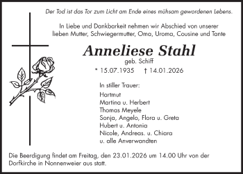 Traueranzeige von Anneliese Stahl von Schwarzwälder Bote