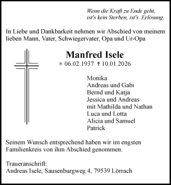 Traueranzeige von Manfred Isele von Schwarzwälder Bote