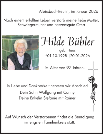 Traueranzeige von Hilde Bühler von Schwarzwälder Bote