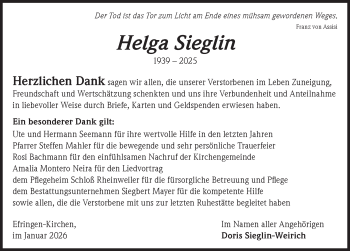 Traueranzeige von Helga Sieglin von Schwarzwälder Bote
