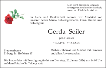 Traueranzeige von Gerda Seiler von Schwarzwälder Bote