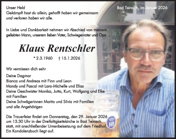 Traueranzeige von Klaus Rentschler von Schwarzwälder Bote