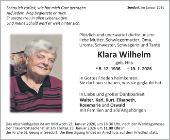 Traueranzeige von Klara Wilhelm von Schwarzwälder Bote