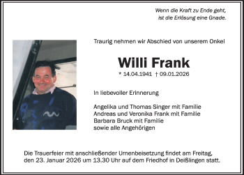 Traueranzeige von Willi Frank von Schwarzwälder Bote