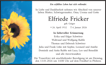 Traueranzeige von Elfriede Fricker von Schwarzwälder Bote