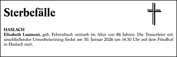 Traueranzeige von Totentafel vom 22.01.2026  von Schwarzwälder Bote