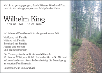 Traueranzeige von Wilhelm King von Schwarzwälder Bote