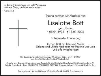 Traueranzeige von Liselotte Bott von Schwarzwälder Bote
