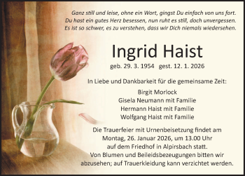 Traueranzeige von Ingrid Haist von Schwarzwälder Bote