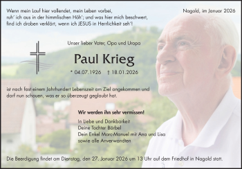 Traueranzeige von Paul Krieg von Schwarzwälder Bote