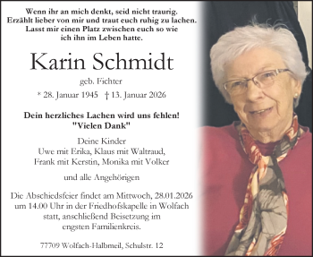 Traueranzeige von Karin Schmidt von Schwarzwälder Bote