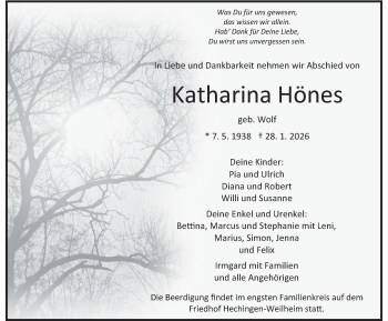 Traueranzeige von Katharina Hönes von Schwarzwälder Bote