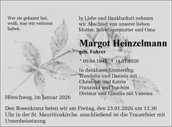 Traueranzeige von Margot Heinzelmann von Schwarzwälder Bote