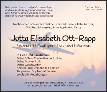 Traueranzeige von Jutta Elisabeth Ott-Rapp von Schwarzwälder Bote