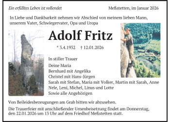 Traueranzeige von Adolf Fritz von Schwarzwälder Bote