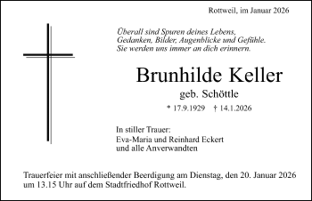 Traueranzeige von Brunhilde Keller von Schwarzwälder Bote
