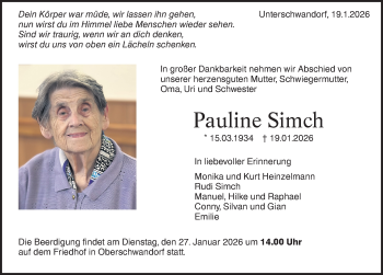 Traueranzeige von Pauline Simch von Schwarzwälder Bote