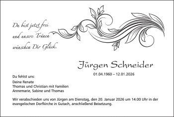 Traueranzeige von Jürgen Schneider von Schwarzwälder Bote