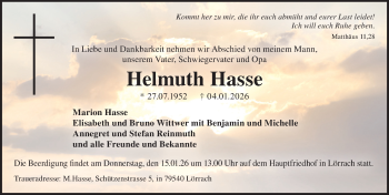 Traueranzeige von Helmuth Hasse von Schwarzwälder Bote