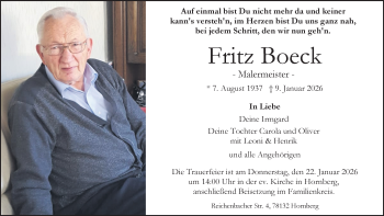 Traueranzeige von Fritz Boeck von Schwarzwälder Bote