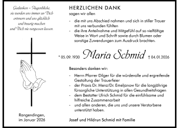 Traueranzeige von Maria Schmid von Schwarzwälder Bote