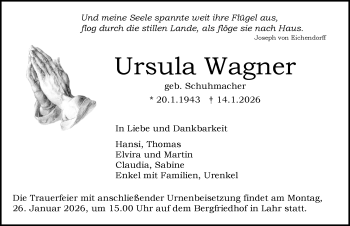 Traueranzeige von Ursula Wagner von Schwarzwälder Bote