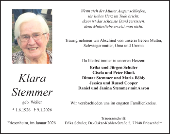 Traueranzeige von Klara Stemmer von Schwarzwälder Bote