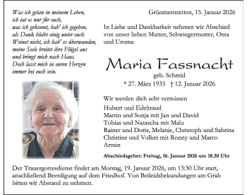 Traueranzeige von Maria Fassnacht von Schwarzwälder Bote