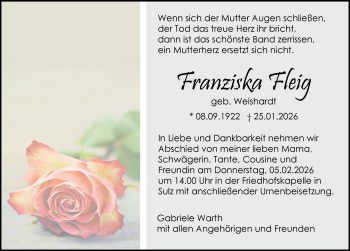 Traueranzeige von Franziska Fleig von Schwarzwälder Bote