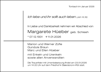 Traueranzeige von Margarete Hüeber von Schwarzwälder Bote