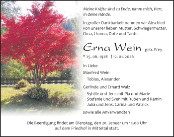 Traueranzeige von Erna Wein von Schwarzwälder Bote