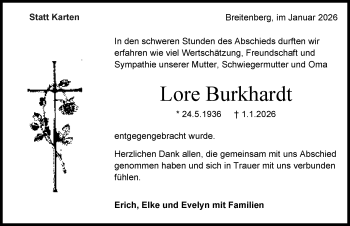 Traueranzeige von Lore Burkhardt von Schwarzwälder Bote