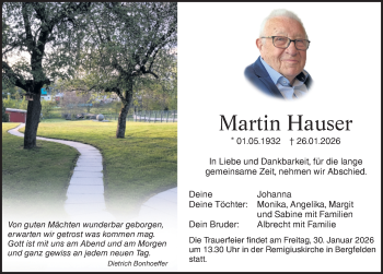 Traueranzeige von Martin Hauser von Schwarzwälder Bote