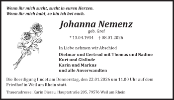 Traueranzeige von Johanna Nemenz von Schwarzwälder Bote