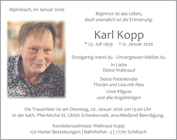 Traueranzeige von Karl Kopp von Schwarzwälder Bote