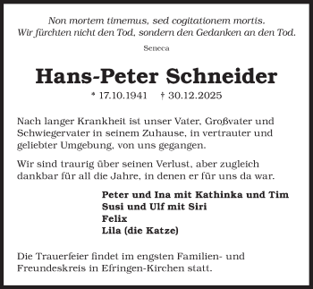 Traueranzeige von Hans-Peter Schneider von Schwarzwälder Bote