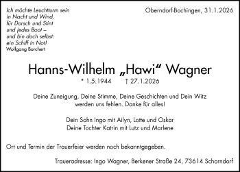 Traueranzeige von Hanns-Wilhelm Wagner von Schwarzwälder Bote