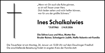 Traueranzeige von Ines Schalkalwies von Schwarzwälder Bote