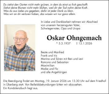 Traueranzeige von Oskar Ohngemach von Schwarzwälder Bote