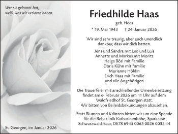 Traueranzeige von Friedhilde Haas von Schwarzwälder Bote
