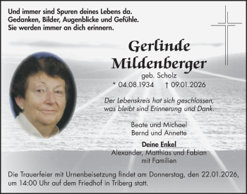 Traueranzeige von Gerlinde Mildenberger von Schwarzwälder Bote