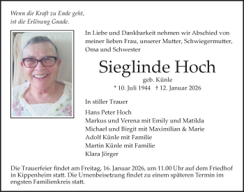 Traueranzeige von Sieglinde Hoch von Schwarzwälder Bote