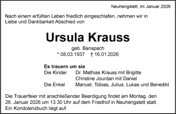 Traueranzeige von Ursula Krauss von Schwarzwälder Bote