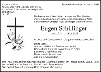 Traueranzeige von Eugen Schillinger von Schwarzwälder Bote