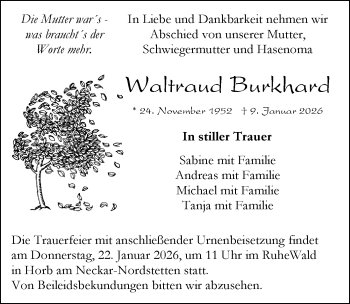 Traueranzeige von Waltraud Burkhard von Schwarzwälder Bote