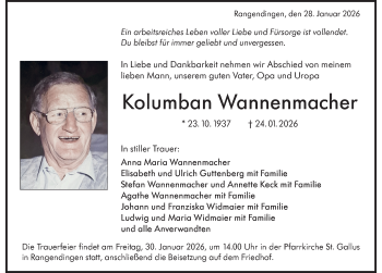 Traueranzeige von Kolumban Wannenmacher von Schwarzwälder Bote