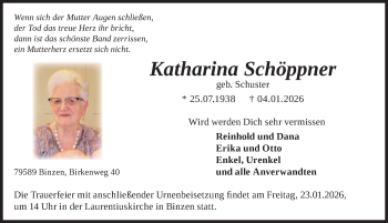 Traueranzeige von Katharina Schöppner von Schwarzwälder Bote