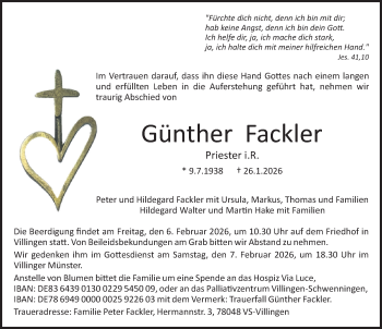 Traueranzeige von Günther Fackler von Schwarzwälder Bote