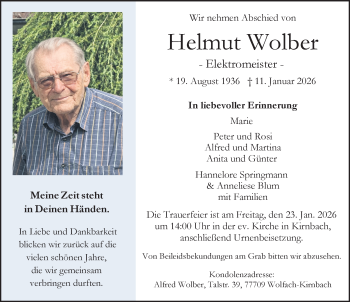 Traueranzeige von Helmut Wolber von Schwarzwälder Bote