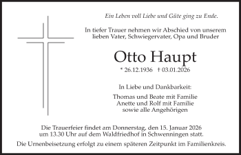 Traueranzeige von Otto Haupt von Schwarzwälder Bote